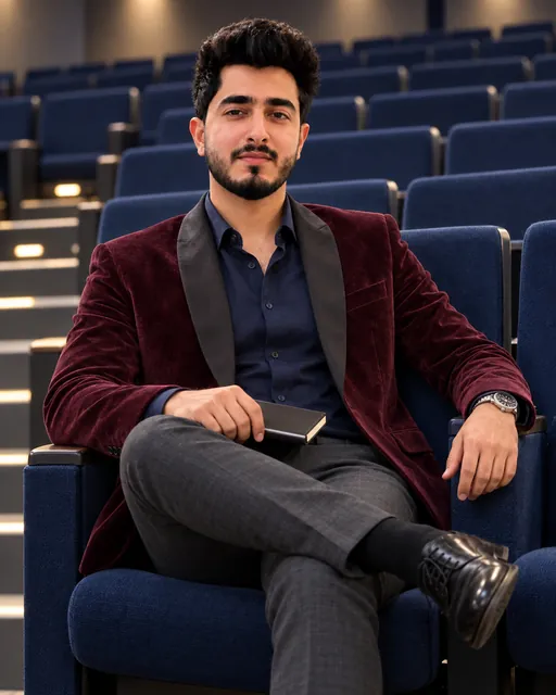 Rishabh Arora seated in an auditorium in a burgundy velvet jacket