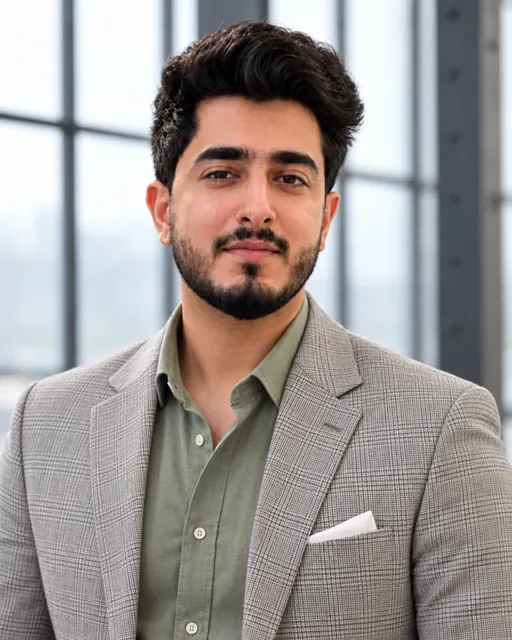 Rishabh Arora in a stone glen check jacket, atrium portrait