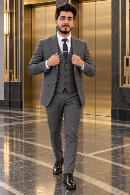 Rishabh Arora in a grey windowpane suit in a marble lobby, full length