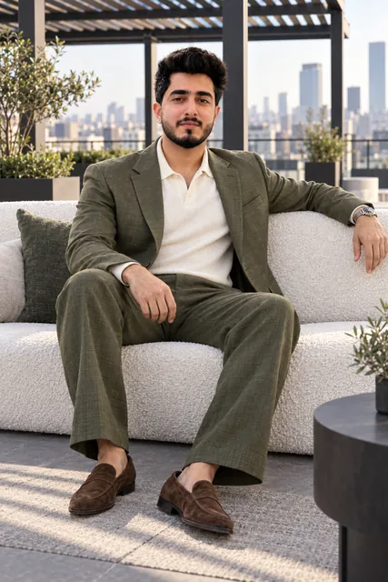 Rishabh Arora seated on a rooftop sofa in an olive linen suit