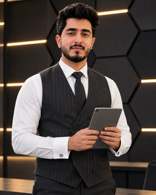 Rishabh Arora in a pinstripe waistcoat holding a tablet