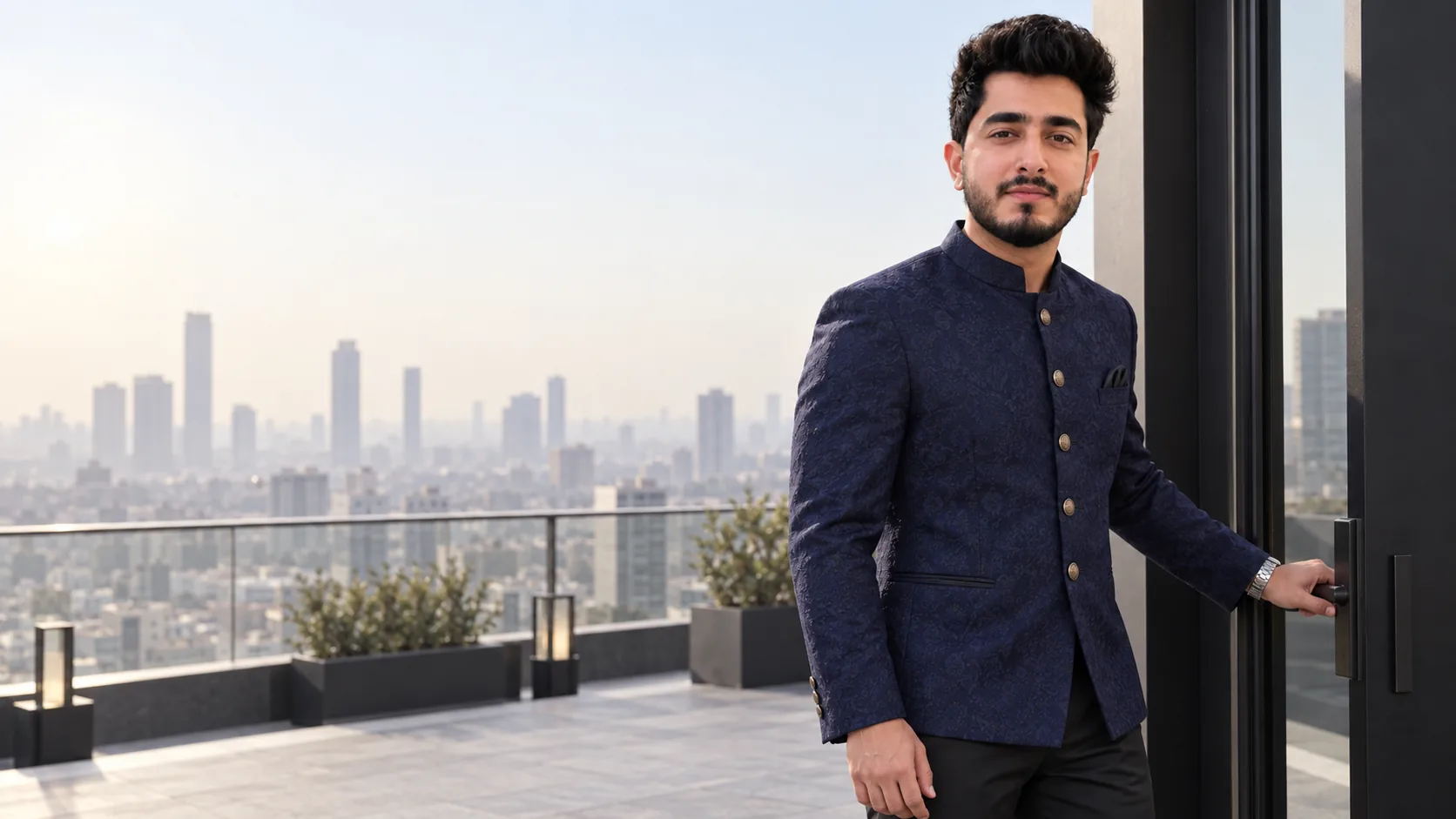 Rishabh Arora in a navy jacquard jacket on a rooftop terrace