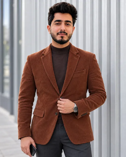 Rishabh Arora in a rust corduroy jacket