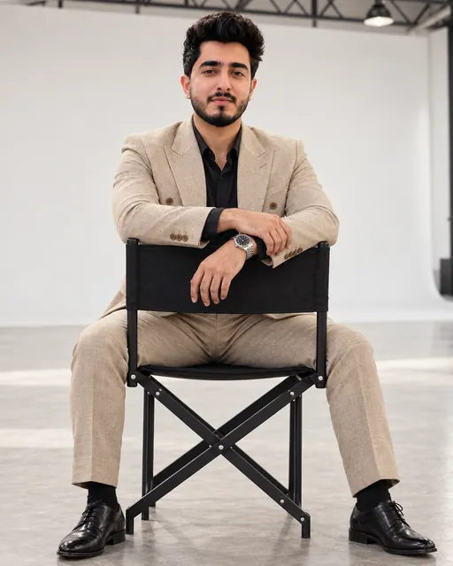 Rishabh Arora seated in a director chair in a sand suit