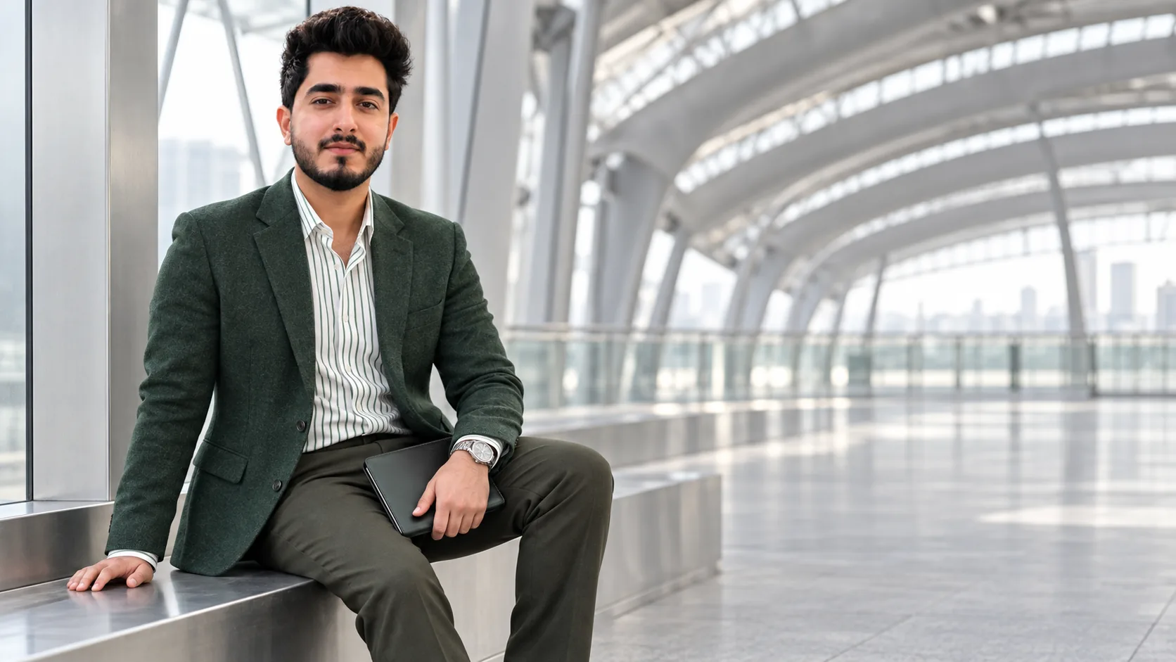 Rishabh Arora seated in a forest green jacket in a glass concourse