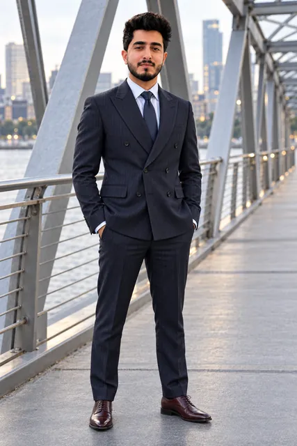 Rishabh Arora, a senior compliance officer, poses in business attire on a city bridge.